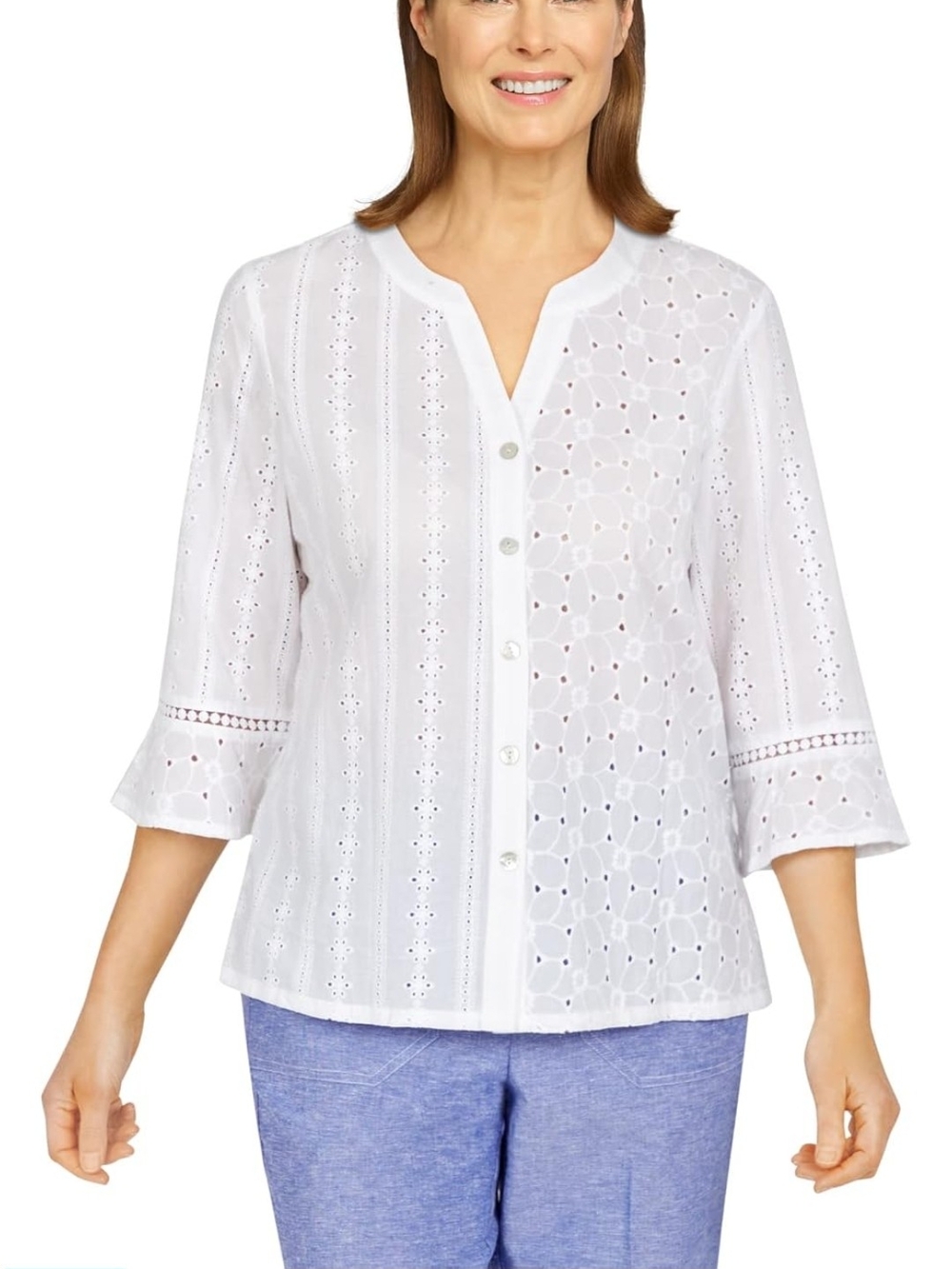 Alfred Dunner White Mixed Eyelet Button-Front Blouse Size XL